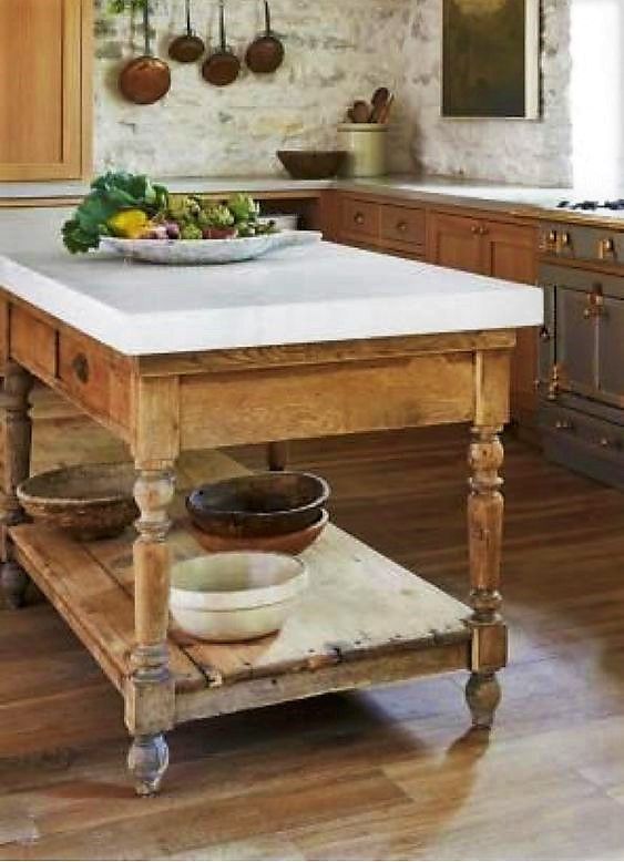 a kitchen island with two bowls on it