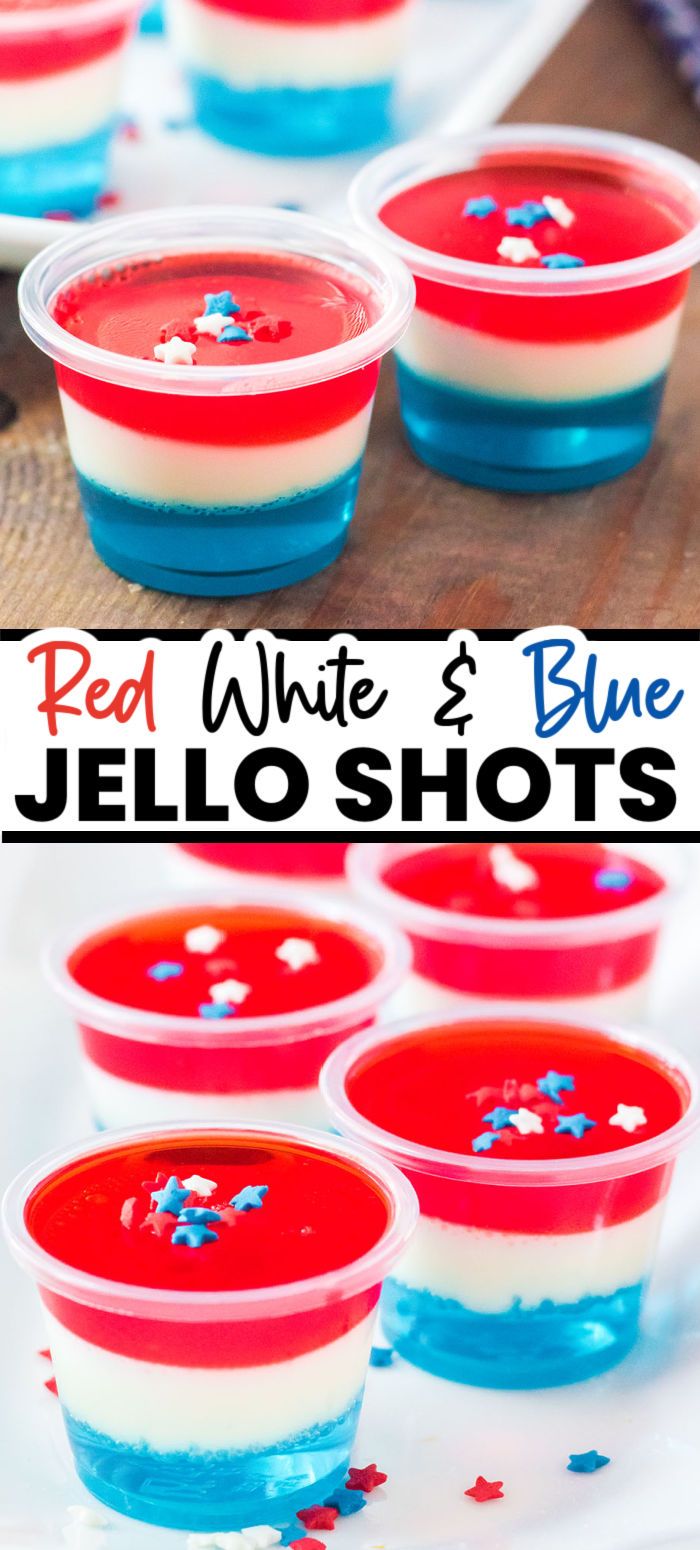 red, white and blue jello shots in plastic cups on a tray with the text overlay