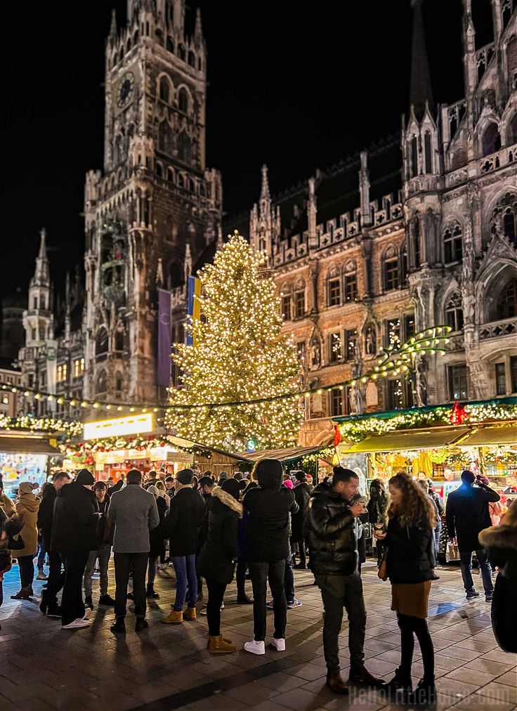 people are standing in front of a christmas tree at the market place with lights on it