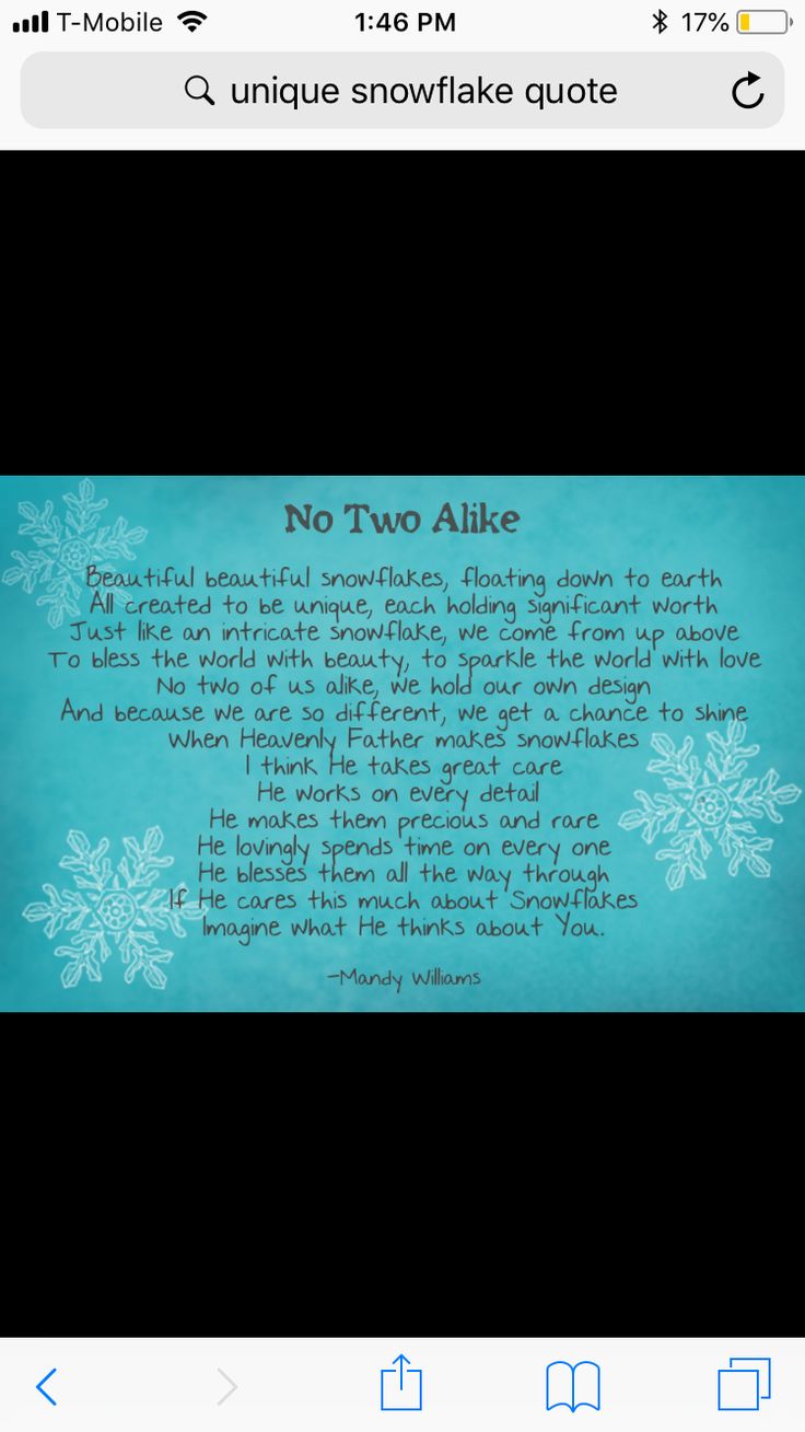 an iphone screen with the text'no two alike'in blue and white snowflakes