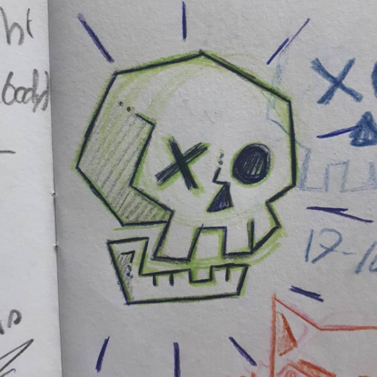 a drawing of a skull with crossbones on it's face and some other handwritten notes