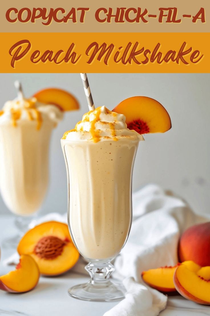 two glasses filled with peach milkshake and topped with whipped cream