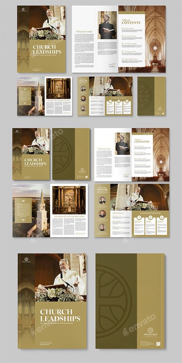 a brochure is shown with gold and green accents on it, including an image of