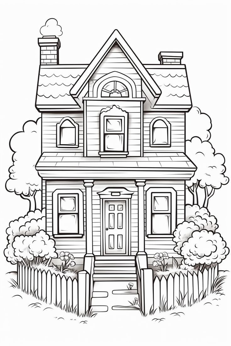 a house with trees and bushes in the front yard coloring pages for kids to print