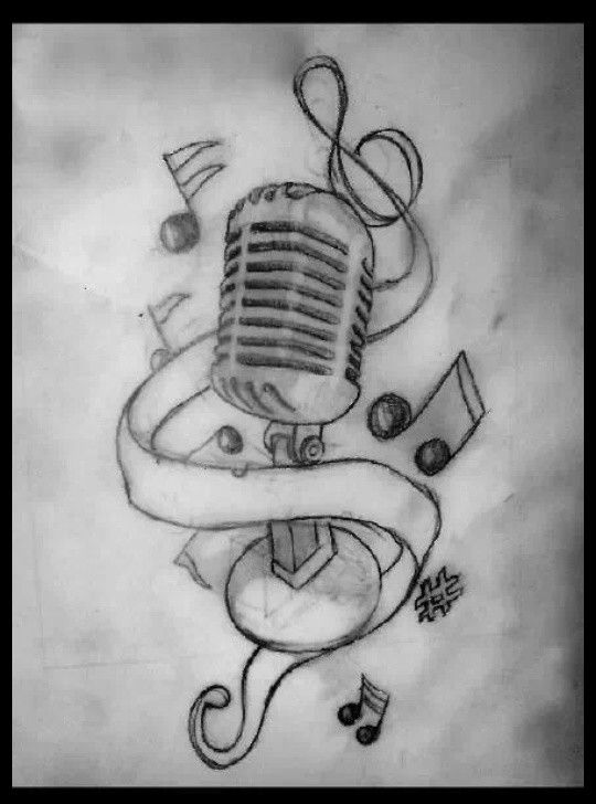 a drawing of a microphone and musical notes