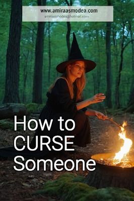 a woman in a witches hat sitting next to a campfire with the words how to curse someone