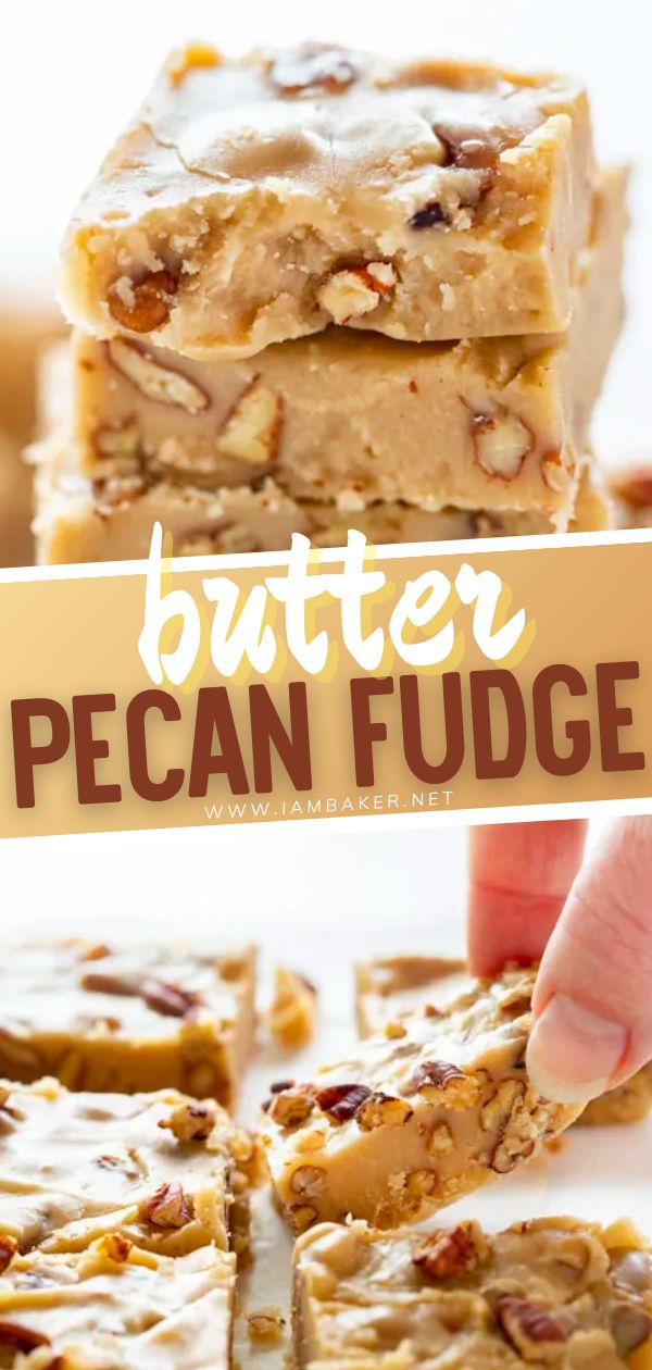 a close up of pecan fudge bars on a plate with the text butter pecan fudge