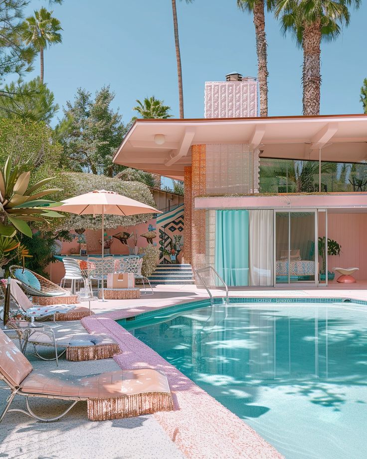 an outdoor swimming pool with chaise lounge chairs and umbrellas next to the house