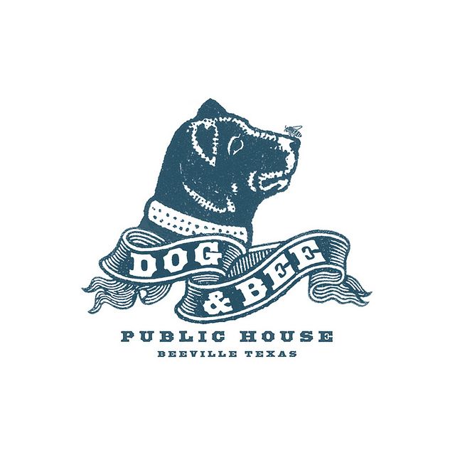 the dog and bee public house logo is shown in black on a white hexagonal background