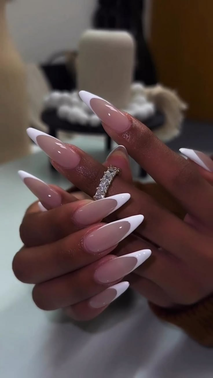 😍😍 Neon Nail Ideas Bright Colors Dip, Trendy Nails Long Almond, Xl Almond Acrylic Nails, White French Tip Nails Stiletto, French Tip Stilleto Nail, Long Almond Acrylic Nails French Tip, French Tip Long Almond Nails, Long Almond Nails French Tip, French Almond Acrylic Nails