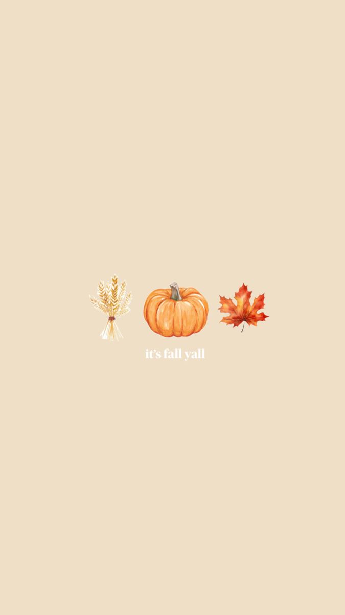 an orange pumpkin and two leaves on a beige background with the words fall written in white