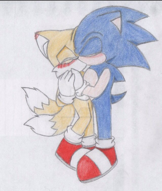 a drawing of sonic the hedgehog hugging someone