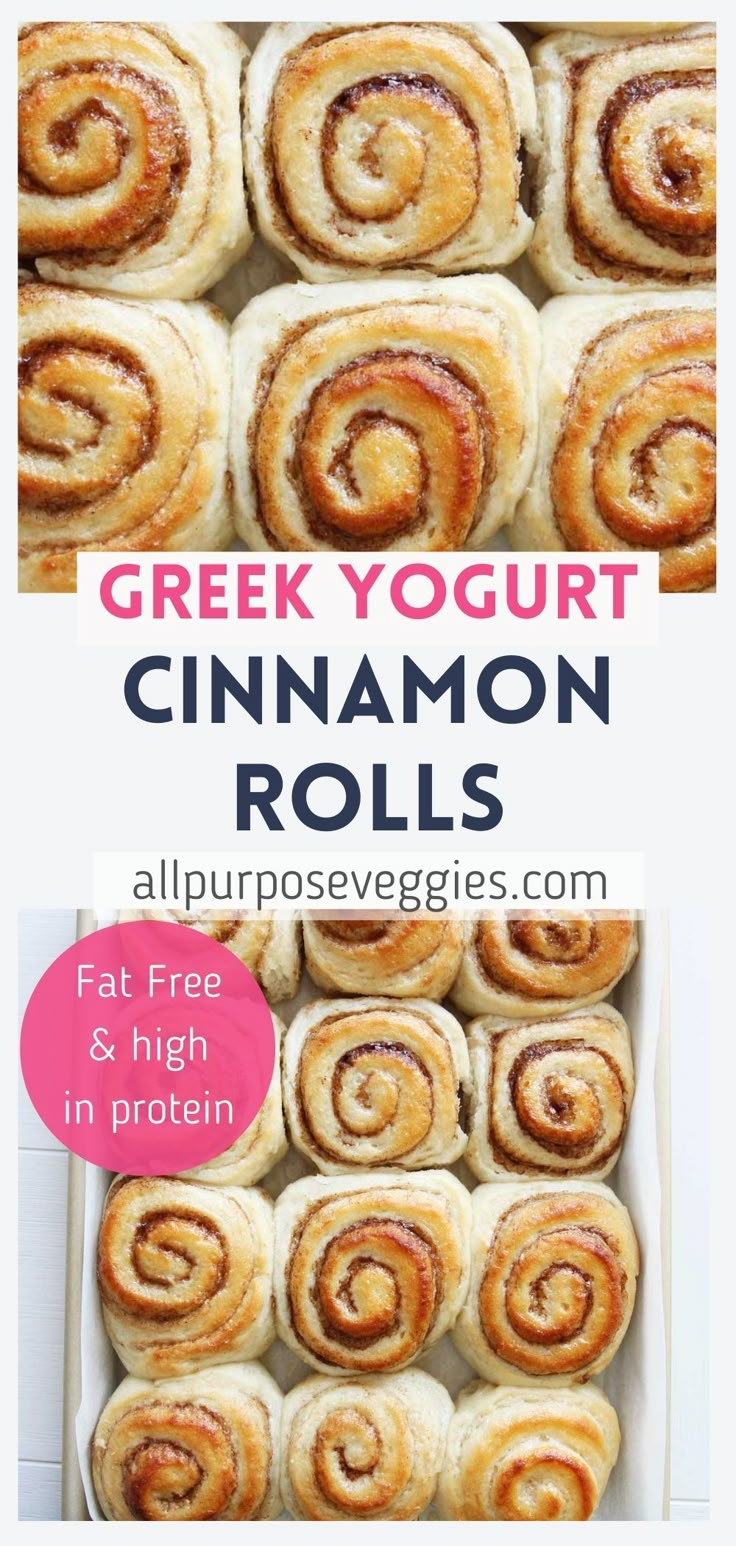 a box full of cinnamon rolls with text overlay reading greek yogurt cinnamon rolls