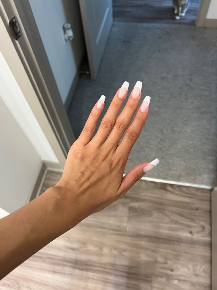 White Builder Gel Nails, Coffin White French Tip Nails, Coffin White French Tip, White French Coffin, Classic French Nails, Builder Gel Nails, White French Tip, Builder Gel, Bride Nails