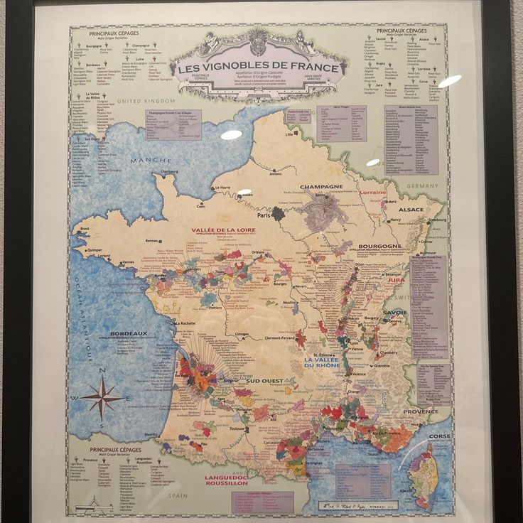 a framed map of france with all the major cities