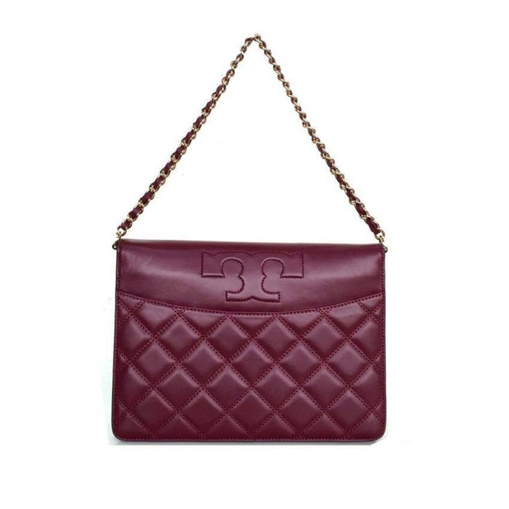 Tory Burch Savannah Clutch / Crossbody Bag Still In Its Original Packaging 61501 1119 Color Imperial Garnet / 609 (Burgundy) Quilted Leather Chain Strap Adjustable/Detachable Crossbody Leather *Strap Gold-Tone Hardware Quilted Leather 3 Interior Pocket Magnetic Fastening Dimensions: L26.5cm X H19cm X W3cm Luxury Burgundy Shoulder Bag With Gold-tone Hardware, Burgundy Bags With Chain Strap For Formal Occasions, Formal Burgundy Bags With Chain Strap, Luxury Tan Pouch Shoulder Bag, Elegant Tan Shoulder Bag With Removable Pouch, Elegant Tan Shoulder Bag With Dust Bag, Luxury Burgundy Shoulder Bag, Luxury Burgundy Evening Bag, Luxury Burgundy Crossbody Satchel