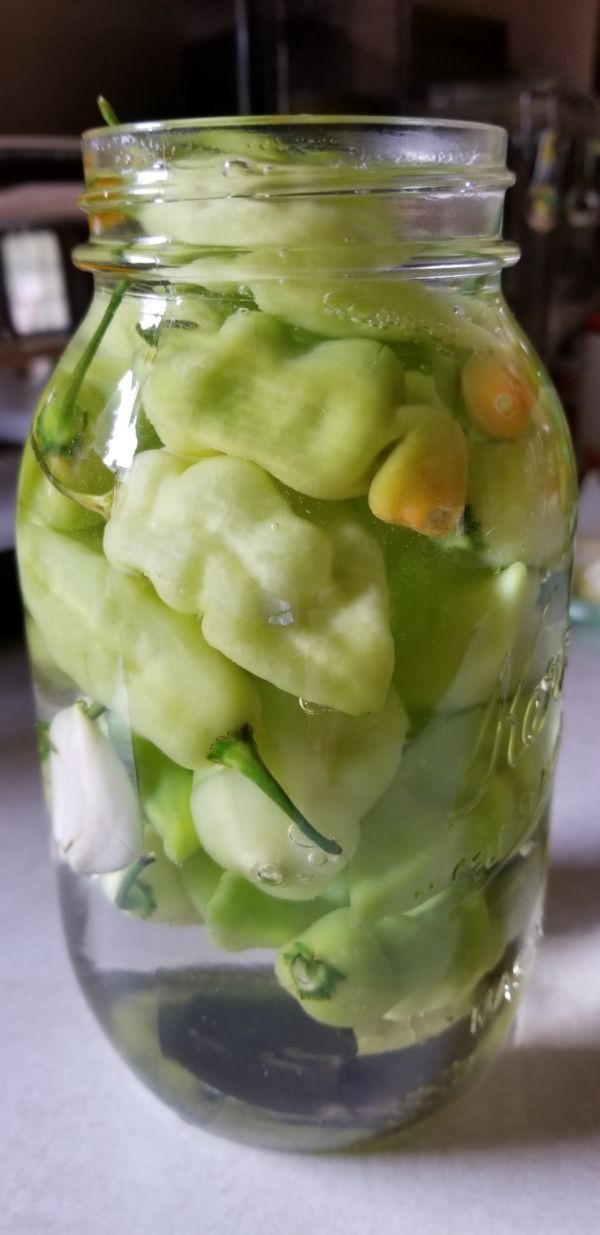 a glass jar filled with green vegetables on top of a table