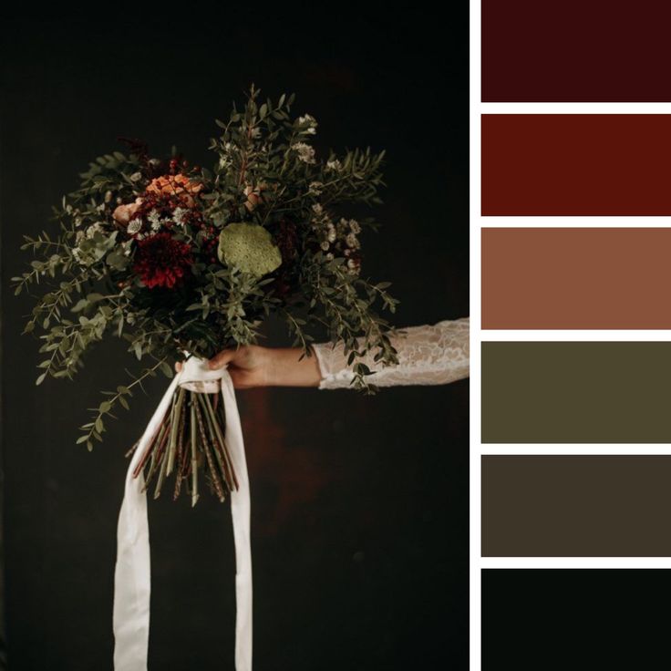 a person holding a bouquet of flowers in front of a dark background with color swatches