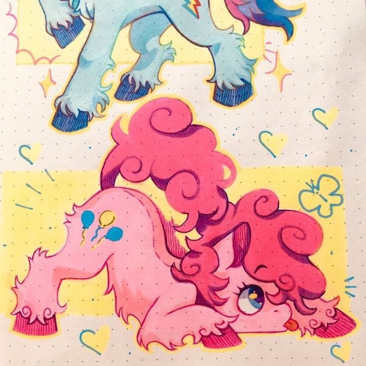 an image of two pony stickers on a piece of paper that has been drawn