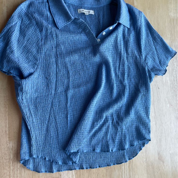 Madewell Polo In Crinkle Fabric. Kind Of Cropped Fit, Very Cute. Never Worn But No Tags. I Purchased This As A Final Sale Item And Just Didn’t Like The Fit On Me, So Looking To Get Back What I Paid For It! Casual Crinkle Texture Tops For Day Out, Casual Crinkle Texture Top For Vacation, Beach Tops With Crinkle Texture And Short Sleeves, Casual Textured Summer Blouse, Cotton Tops With Crinkle Texture For Vacation, Cotton Top With Crinkle Texture For Vacation, Crinkle Texture Cotton Tops For Vacation, Cotton Crinkle Texture Top For Vacation, Blue Pre-washed Relaxed Fit Shirt