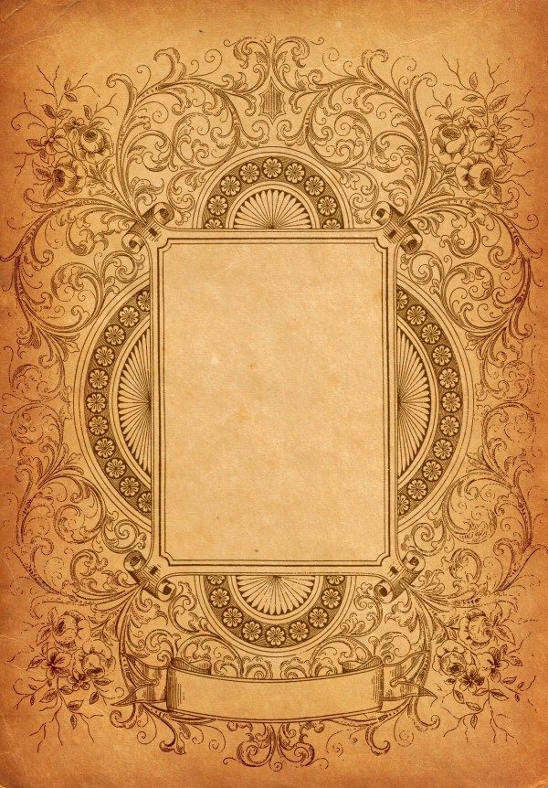 an old fashioned paper with scroll and floral design on the edges, in sepia