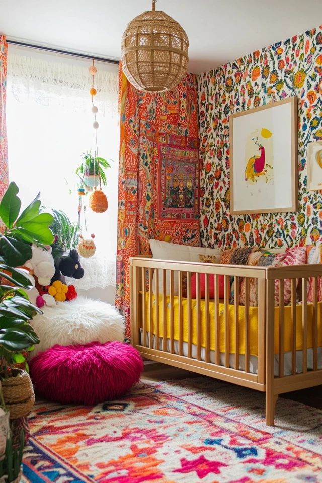 a baby's room with colorful wallpaper and rugs, including a crib