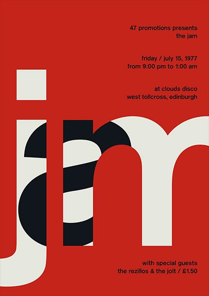 a poster with the words jam written in black and white on a red background that says jam