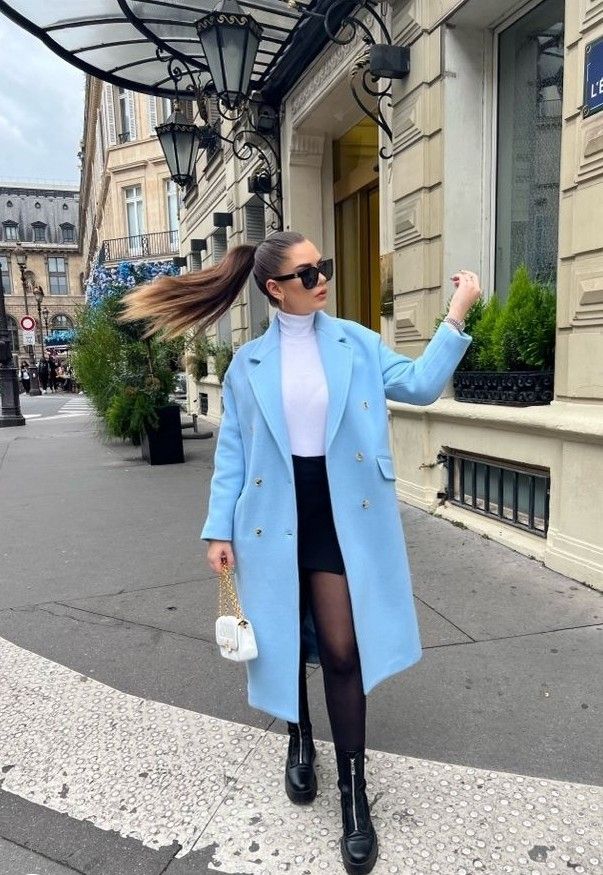 Long Blue Jacket Outfit, Chanel Coat And Skirt, River Island Outfits, Blue Winter Outfits For Women, Blue Coat Outfits For Women, Blue And White Winter Outfit, White Chanel Bag Outfit, Blue Coat Outfit, Coat Outfits For Women