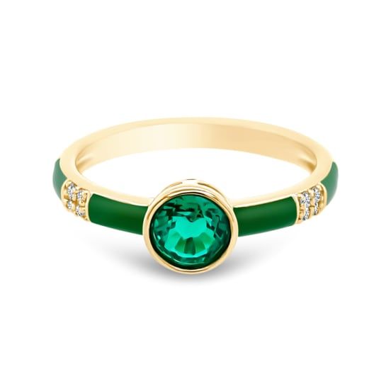 14K Yellow Gold Enamel Ring with  Birthstone and Diamond Formal Enamel Ring With Gemstone, Elegant Green Enamel Ring With Polished Finish, Elegant Green Enamel Ring, Classic Green Enamel Jewelry, Elegant Enamel Jewelry With Bezel Setting, Elegant Yellow Gold Enamel Ring With Bezel Setting, Elegant Green Enamel Gemstone Ring, Fine Jewelry Enamel Ring With Gemstone, Fine Jewelry Black Enamel Round Ring