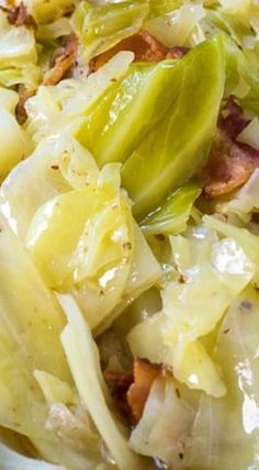 cabbage and bacon salad in a white bowl