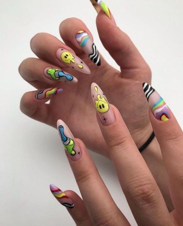 Trippy Nail Art, Nirvana Nails, Nail Nail Designs, Summer Nails Art, Opal Nails, Hippie Nails, Punk Nails, Anime Nails, Grunge Nails