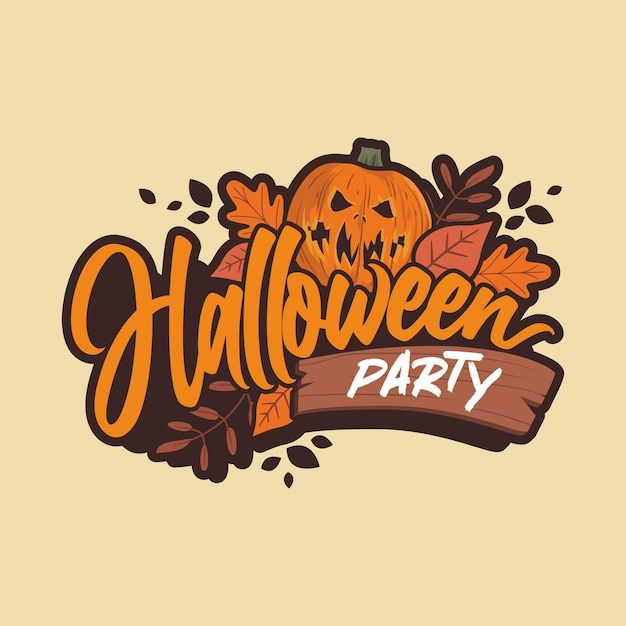 halloween party logo with pumpkins and leaves