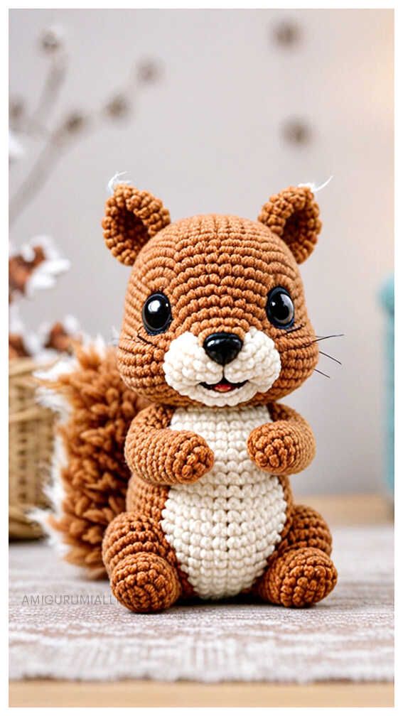 a small crocheted squirrel sitting on top of a table