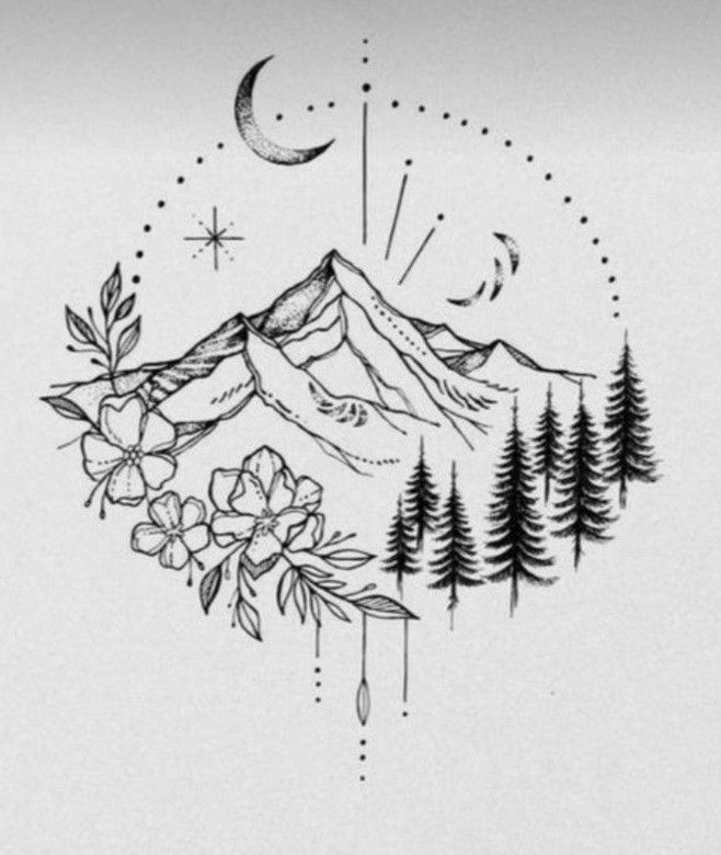 a mountain with trees and flowers in the foreground is shown on a white paper