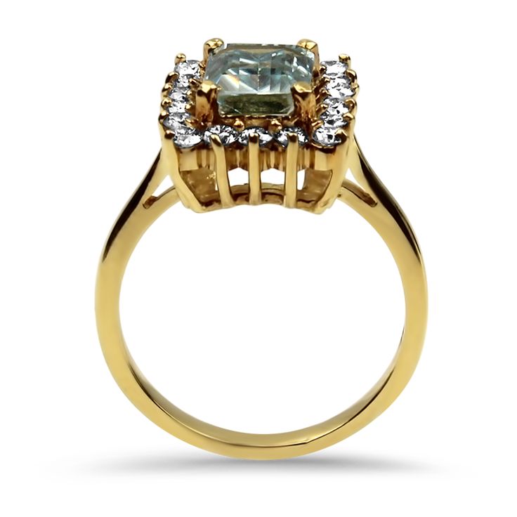 Exuding refinement, this 18K yellow gold ring is adorned with an emerald-cut Aquamarine weighing 1.10cts. The aquamarine, boasting a very slightly greenish-blue hue, measures 7.50 x 6.05 x 3.23mm and is set with four prongs. Enhancing its allure is a rectangular halo of 18 full-cut diamonds, collectively weighing 0.54ct., with VS to SI internal clarities and "near colorless" shades of "H" to "I". The open-backed mounting with gallery-worked undercarriage allows light to play through, ensuring go Timeless Emerald-cut Topaz Ring In Yellow Gold, Timeless Emerald Cut Yellow Gold Topaz Ring, Gold Square Cut Emerald Ring With Gemstone, Square Cut Emerald Gold Rings, Square Cut Emerald Rings In Gold, Yellow Gold Square-cut Emerald Promise Ring, Yellow Gold Emerald Ring For Promise With Square Cut, Gold Emerald-cut Topaz Ring With Accent Stones, Gold Emerald Cut Topaz Ring With Accent Stones