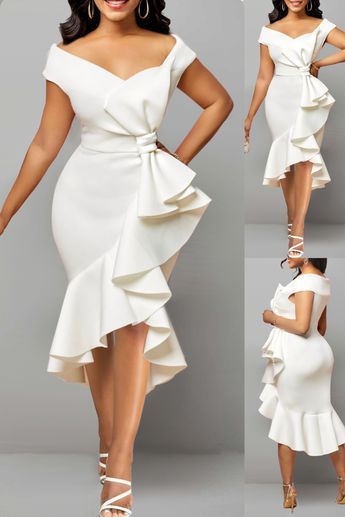 This white dress has ruffle, bowknot, and mermaid design elements. It's perfect for summer and elegant evening events. Made of 97% polyester and 3% spandex, it has short sleeves and an off-shoulder neckline. The package includes one dress that can be hand or machine washed. #womenfashion #womenstyle #womenwear #womenclothing #beauty #partydress #dress #party #eveningdress #sexydress #fashion #style #stylish #dress #outfit White Party Gowns Elegant Classy, Beautiful Neckline Designs, New Design Party Wear Dress, White Dresses For Church, Short White Gown, White Dress For Church, White Gowns Elegant Classy, White Short Gown, White Party Outfits Women