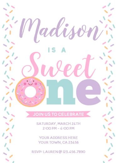 a pink donut birthday party card with sprinkles and the words madison is a sweet one