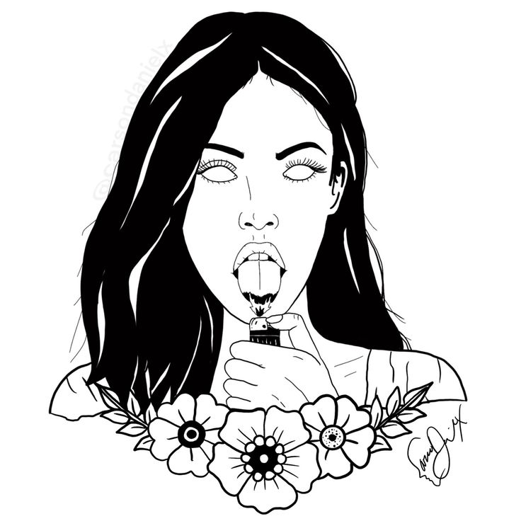 a drawing of a woman with flowers around her neck and tongue out to the side