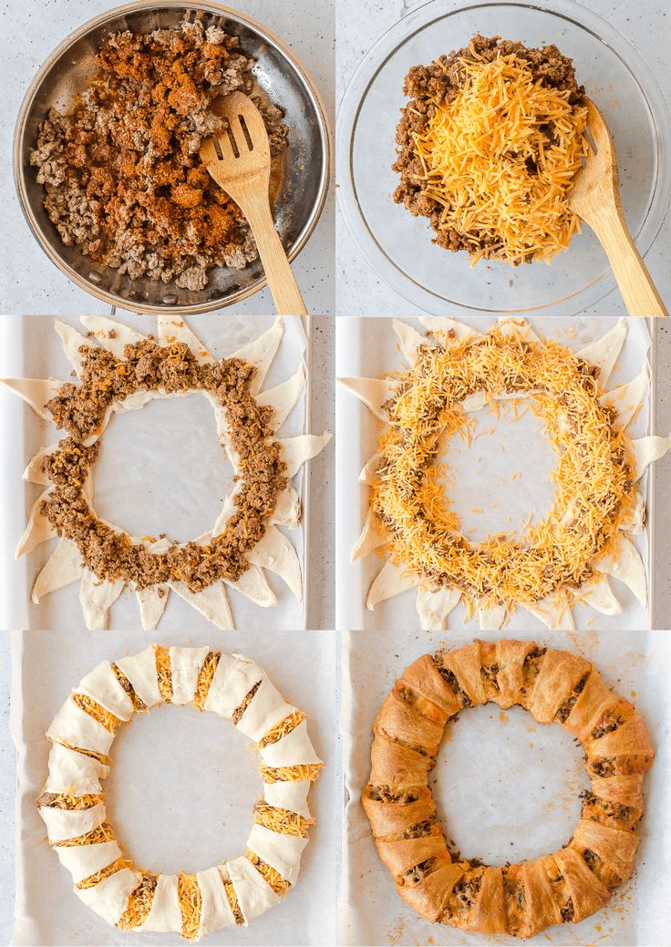 four different types of food in pans on top of a white table with utensils