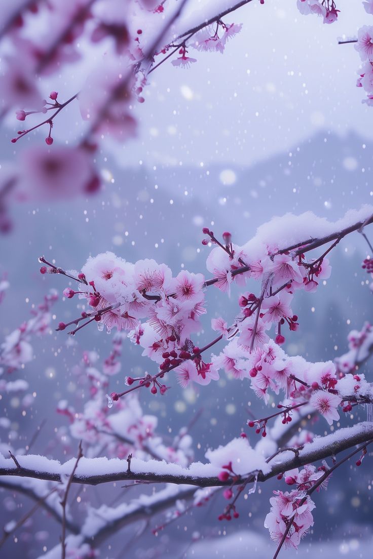 pink flowers are blooming on the branches of a tree covered in snow, with mountains in the background