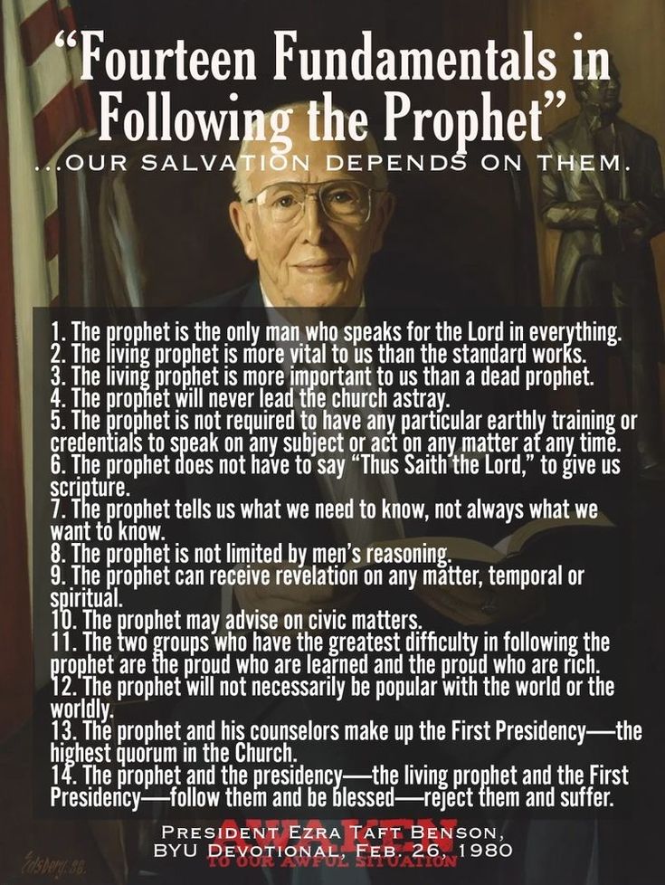 a poster with an image of a man sitting in a chair and the words fourteen fundamentals in following the prophet