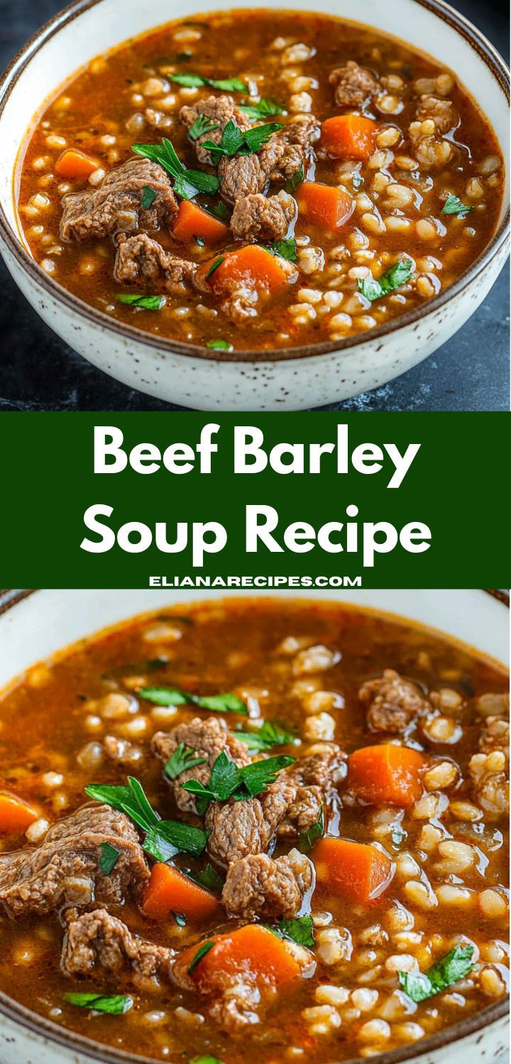 beef barley soup in a white bowl with carrots and parsley