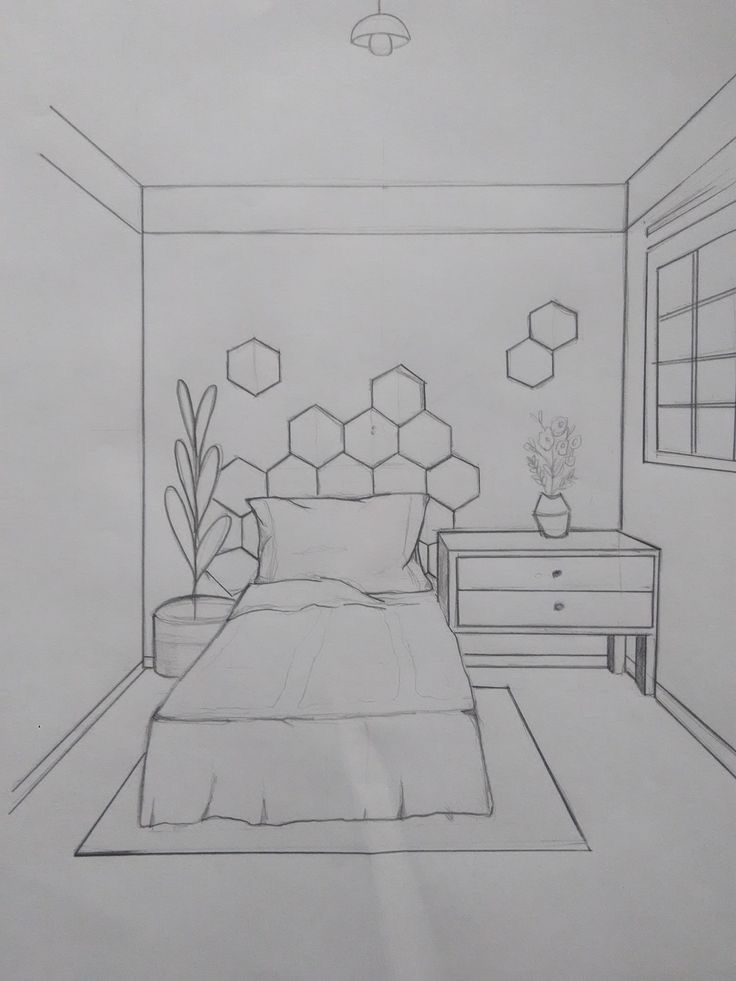 a drawing of a bedroom with a bed, dresser and plant in vases on the wall