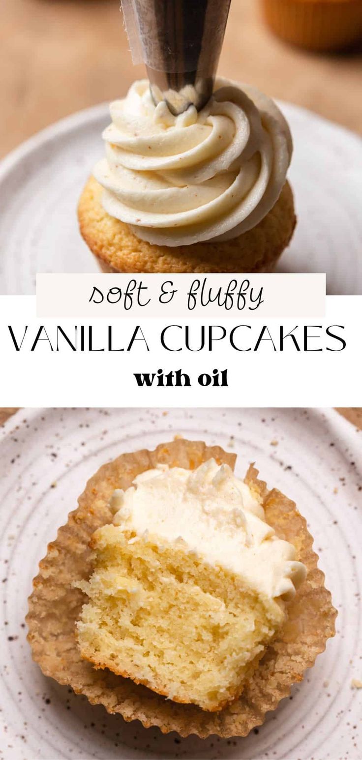 vanilla cupcakes with cream frosting on top and the words, soft & fluffy vanilla cupcakes