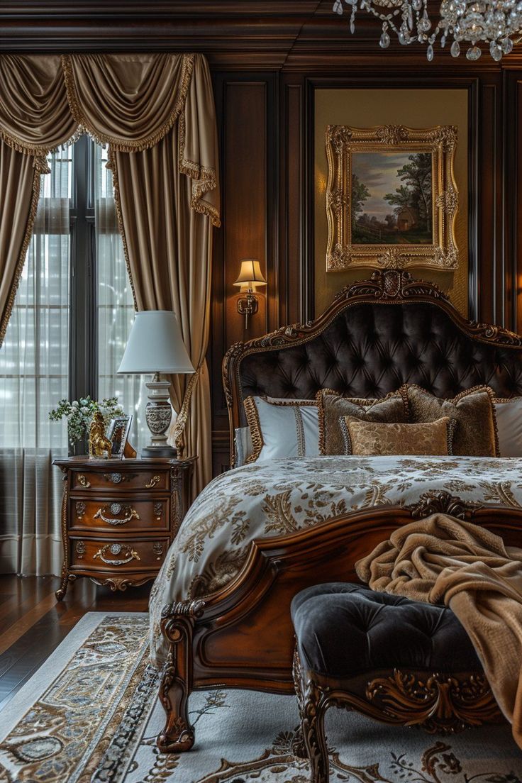 a large bed sitting in the middle of a bedroom next to a chandelier