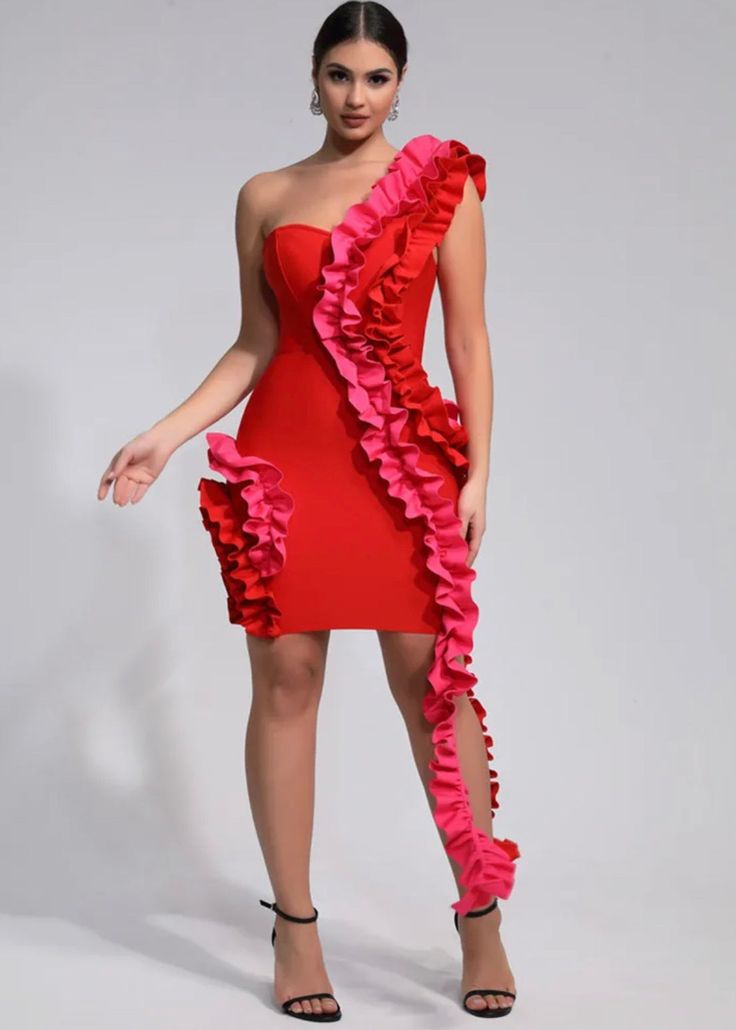 This Ruffled Decor One Shoulder Bandage Mini Dress is a trendy and chic choice for any occasion. Its unique ruffled design adds a touch of sophistication to the classic one shoulder style, making you stand out in the crowd. The rich red color adds a bold and playful touch to your look. Fabric: Medium Stretch Material: Polyester, Spandex Red Fitted One Shoulder Dress For Prom, Fitted Red One Shoulder Prom Dress, Flirty One Shoulder Evening Dress With Ruffles, Glamorous One Shoulder Dress With Ruffles, Red One Shoulder Dress For Spring Formal, Red Fitted One Shoulder Dress For Evening, Red Fitted One Shoulder Evening Dress, Elegant Red One Shoulder Dress For Date Night, Glamorous One Shoulder Dress With Ruffles And Asymmetrical Neckline