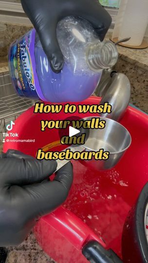 a person in black gloves is washing their hands on a red sink with the words how to wash your nails and baseboards