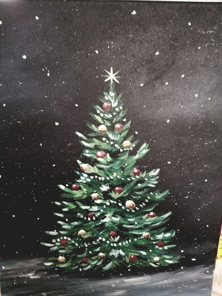 a painting of a christmas tree on a black background with white stars and snow flakes