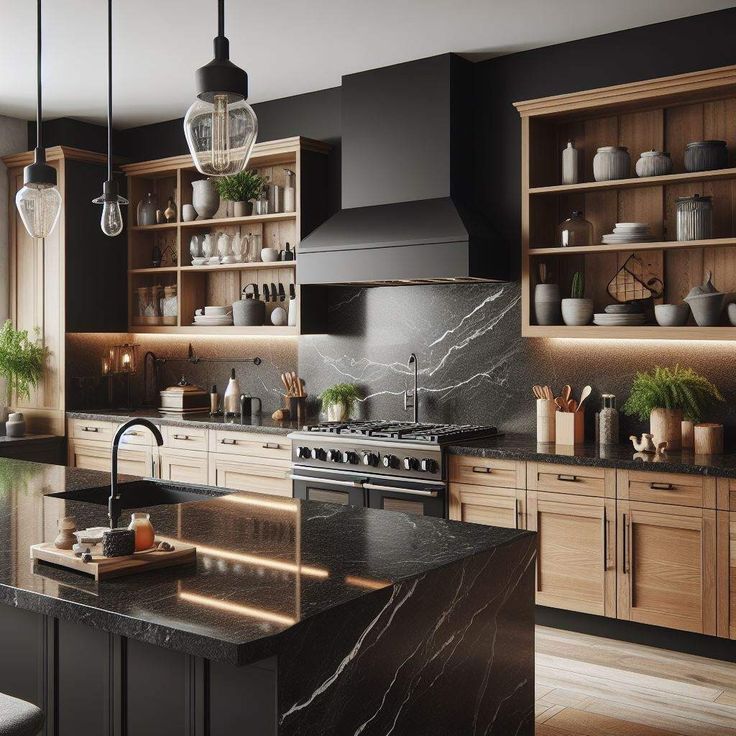 a kitchen with marble counter tops and wooden cabinets, black appliances and hanging light fixtures