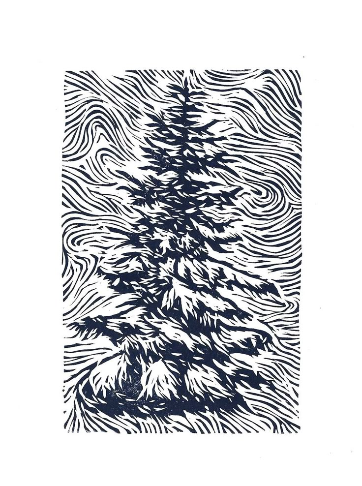 a black and white drawing of a pine tree